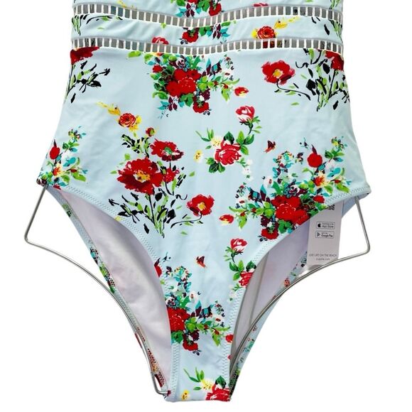 NWT Cupshe Light Blue And Red Floral Halter One-Piece Swimsuit Size Medium New - Picture 7 of 16